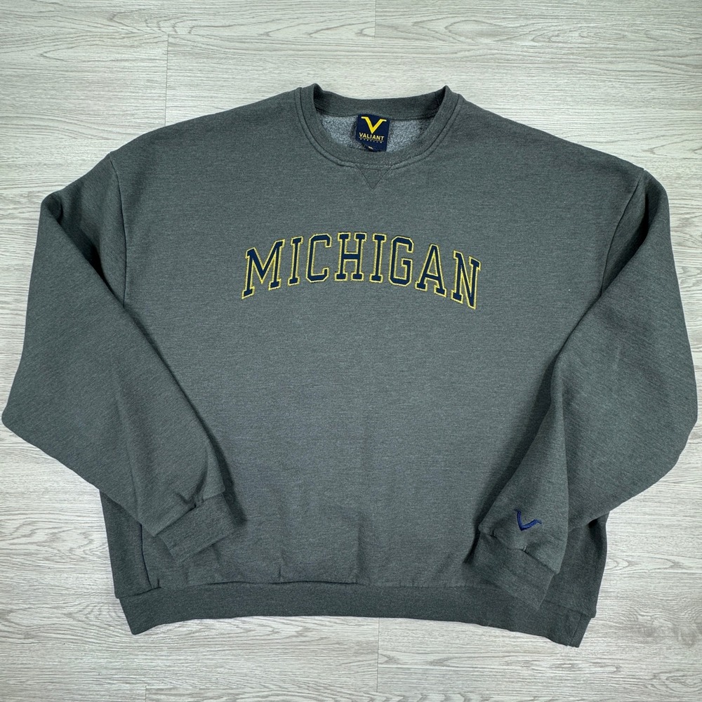 Valiant Men's Sweatshirt Michigan Embroidered Gray 3XL Crewneck Fleece Pullover